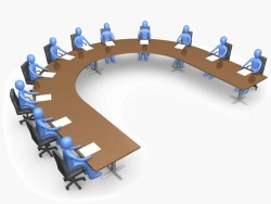 Royalty-free 3d business computer generated clipart graphic picture of a group of blue people seated and holding a meeting at a large u shaped conference table.